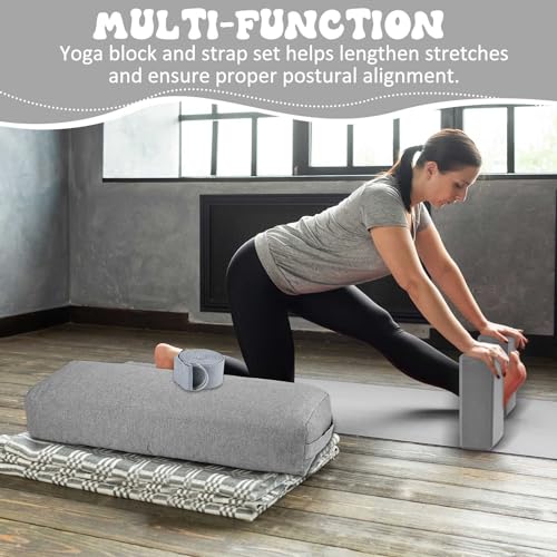 PullCrease 4 Pcs Yoga Bolster Pillows Blocks with Strap Set Comfortable Meditation Pillow for Restorative Non Slip Reusabl...