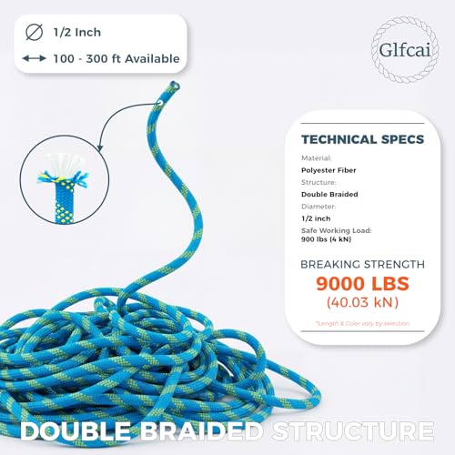 Glfcai 1/2 Inch Arborist Rigging Rope (150 Ft) | 9,000 lbs MBS Double Braid Polyester Bull Rope | ASTM F2116 Certified Sta...