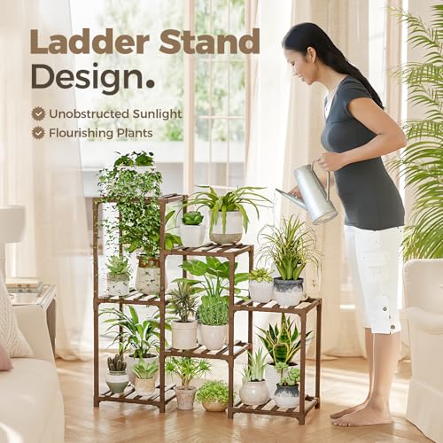 Bamworld Plant Stand Indoor Plant Shelf Outdoor Wood Plant Rack for Multiple Plants 3 Tiers Ladder Plant Holder for Living...