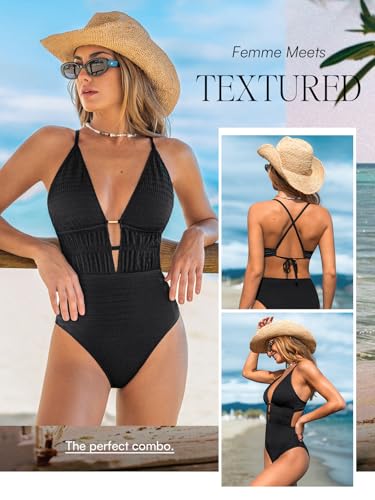 CUPSHE Women's One Piece Swimsuit Plunging Neck Cutouts Bathing Suit Textured Ruched Crisscross Back Self Tie Swimwear