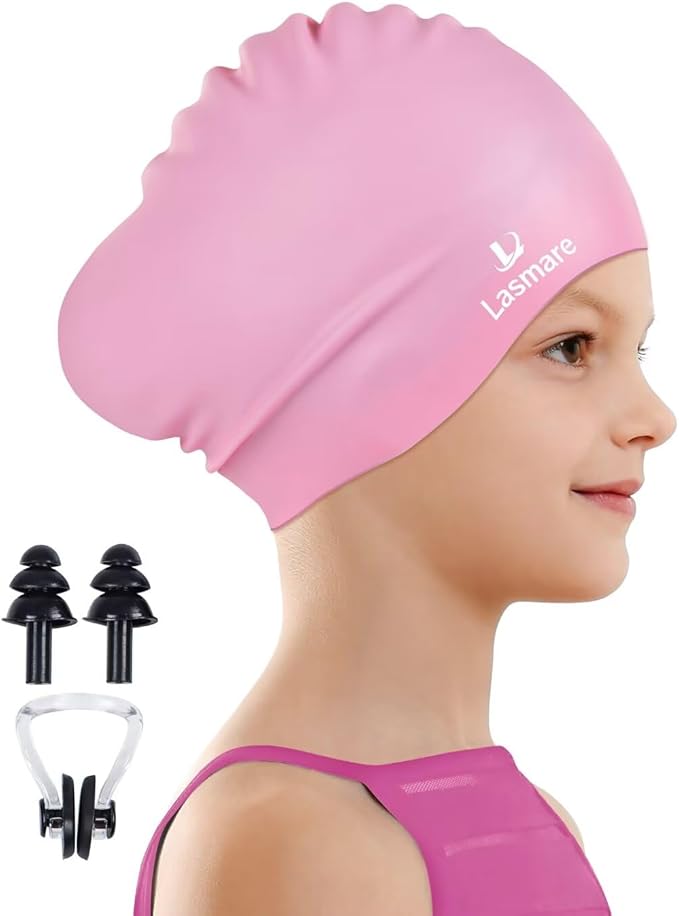 Kids Long Hair Swim Cap for Girls Boys, 3 Size Silicone Swimming Cap for Age 1-15 Toddler Children Teens, Waterproof Swim ...