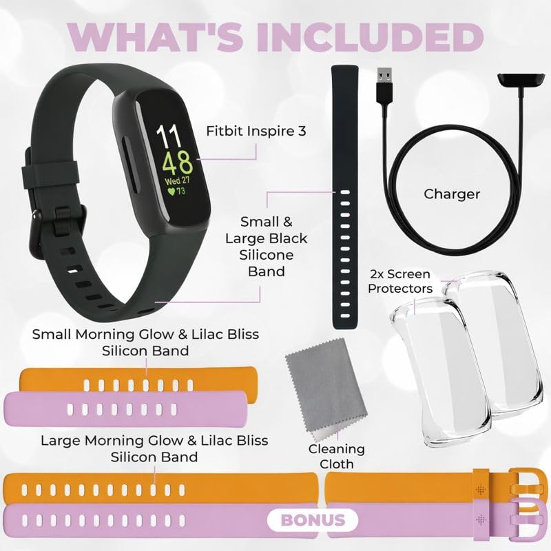 Fitbit Inspire 3 Health & Fitness Tracker Bundle - with Stress Management, Workout Intensity, Sleep Tracking, 24/7 Heart +...