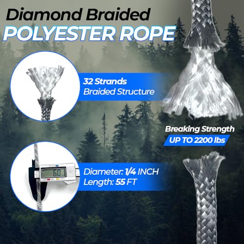 Heavy Duty Polyester Double Braided Rope, Arborist Rigging, Tree Work, Halyard, Sailing, 2200lbs High Strength Support for...