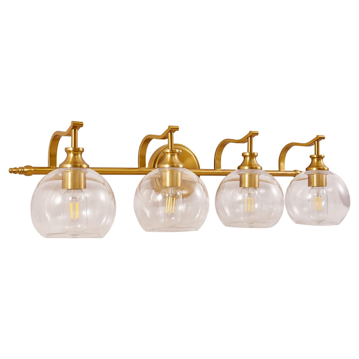 Andy Star Brass Vanity Light  Gold Bathroom Light Fixtures 4 Lights  27.8 Inch Vintage Bathroom Sconces  Brushed Brass Vanity Lighting With Globe Clear Glass Shade  E26 Base (Bulbs Not Included)