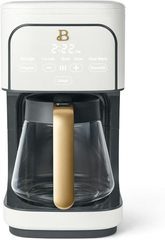 Beautiful 12-Cup Programmable Coffee Maker by Drew Barrymore, Touch-Activated Display, Auto Brew 24hr Timer, Regular/Gourmet/Bold Strength Options, Auto Clean & Keep Warm – Matte Finish (White Icing)