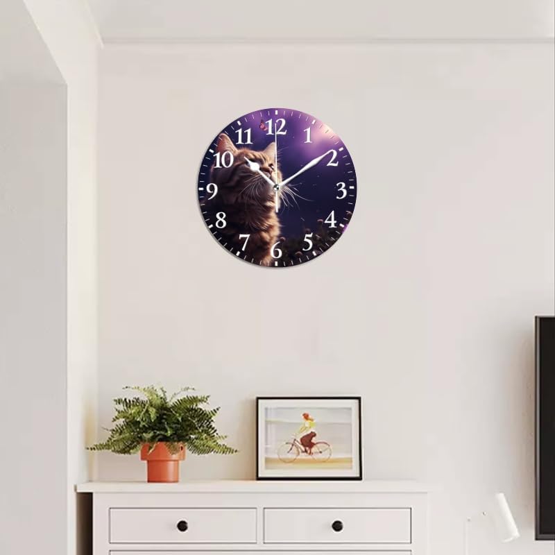 Cat Wall Clock Non-Ticking Silent Clocks Battery Operated Analog Decor Clock for Home-Cute Cat Gazing at Butterflies in The Sky(12inch)