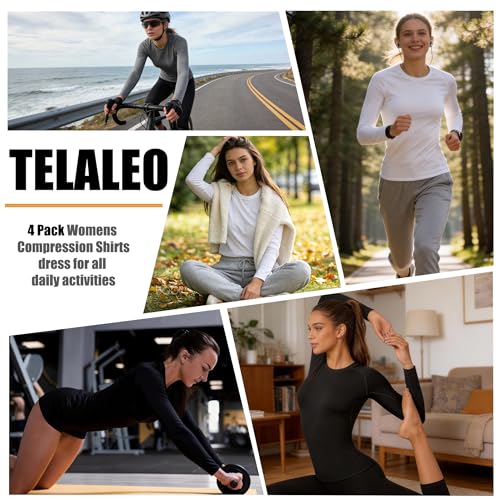 TELALEO 4 Pack Women's Long Sleeve Compression Shirt - High Performance Workout Baselayer for Athletic Sports