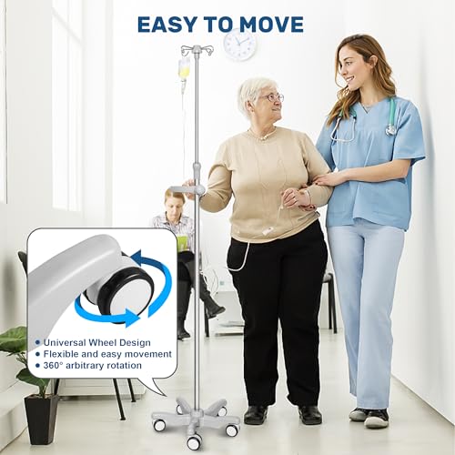 IV Pole with Wheels Medical Portable IV Stand Pole, IV Bag Stand with Removable IV Bag Holder, Adjustable Height Pole, 4 H...