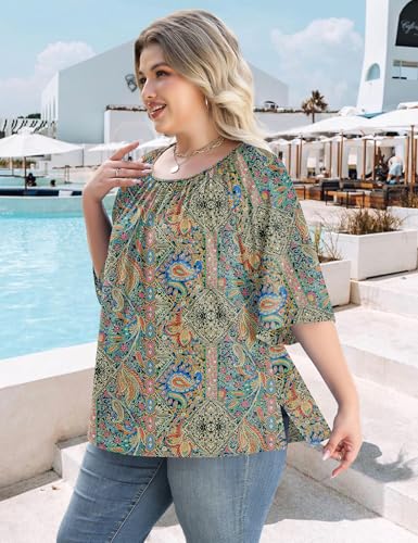 LOMON Womens Plus Size Tops Summer 3/4 Length Sleeve Crewneck Blouses Dressy Casual Loose Curvy Flowy Tunic Shirts 1X-5X
