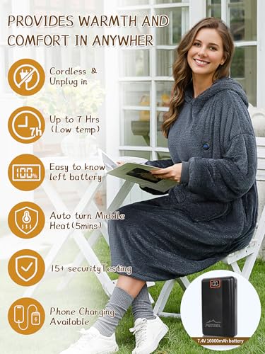 Wearable Heated Blanket Hoodie with 16000 mAh Battery,Cordless Heating Throw,Electric Shawl Robe with Sleeves,Gift for Family