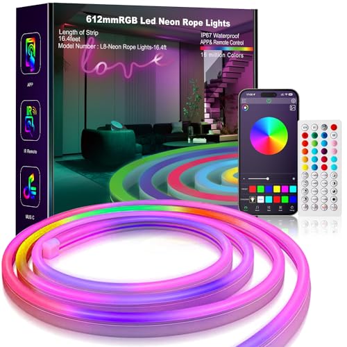 L8star 16.4ft RGB LED Neon Rope Light with Remote Control, Smart Color Changing DIY Mode Neon Flex Strip Lights for Bedroo...