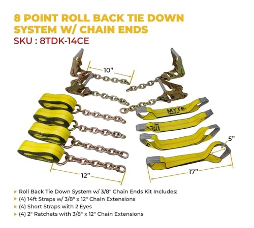 Mytee Products Roll Back Tie Down System Chain Ends 8 Point Tie Down Kit for Car Hauler Carrier Tow Truck - 14ft
