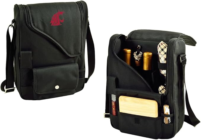Washington State Cougars Licensed Deluxe Wine Carrier with Wine Glasses and Accessories for Two Assembled & Quality Approved in The USA