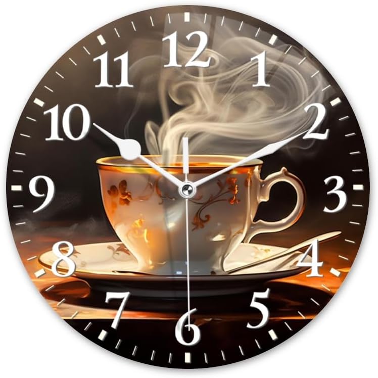Coffee Wall Clock Non-Ticking Silent Clocks Battery Operated Analog Decor Clock for Home-Steaming Cup of Coffee On The Table(12inch)