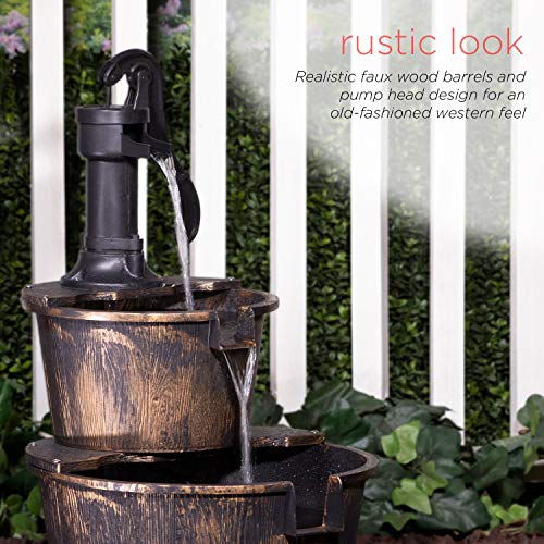 Alpine Corporation 27" Tall Rustic Outdoor 2-Tier Barrel Pump Water Fountain with Soothing Cascading Water Flow for Patio,...