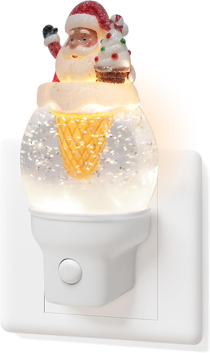 Christmas Night Light Plug into Wall Swirling Glitter USB Portable Christmas Decorative Night Light Decoration for Kids Adults Bedroom Kitchen Living Room Holiday Decor (Santa Cookie Cones)