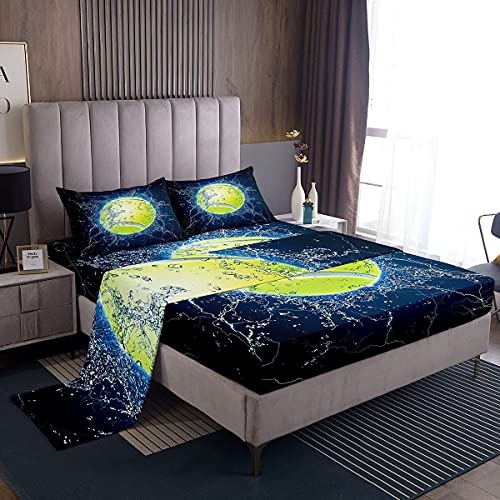 Feelyou Sports Decor Tennis Bed Sheets 3D Water Tennis Ball Sheet Set for Kids Boys Sports Themed Bed Set Blue Fluorescent...