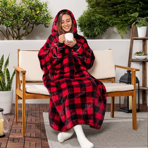 PAVILIA Blanket Hoodie for Women Red, Sherpa Wearable Blanket Men, Cozy Oversized Sweatshirt Blanket, Warm Fleece Hooded B...