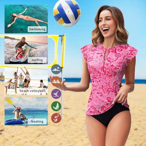 Soneven Women's Swim Shirt UPF 50+ Ruffle Sleeve Rash Guard UV Sun Protection Swimsuit Top Bathing Suit No Bottom