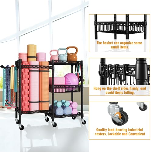 FUTASSI Home Gym Storage, 3 Tiers Workout Equipment Organizer with Wheels for Yoga Mats, Foam Roller, Dumbbells, Kettlebel...