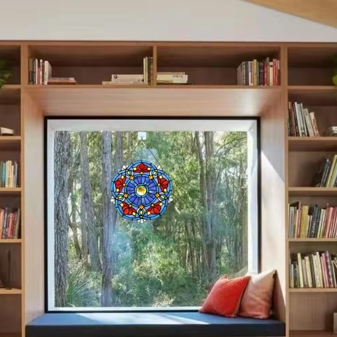 Victorian Style 12" Stained Glass Window Hangings Panel,Decorative Window Hanging Suncatcher, Blue and Red