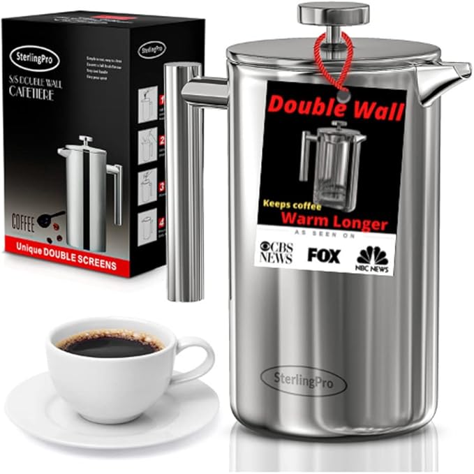 Stainless Steel French Press Coffee Maker Large 1 L(34 oz) Mirror – Durable Double Walled Insulated Coffee Press Keeps Drinks Hot, Easy to Use and Clean Stylish Design for Rich Flavor