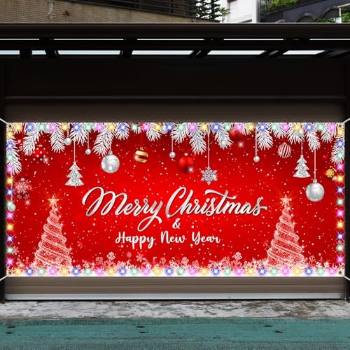 Tatuo Christmas Garage Door Banner with LED Lights 16 x 7 ft Merry Christmas Garage Door Cover Red Xmas Backdrop Decor wit...
