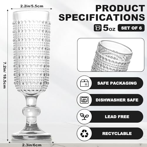 GOROGILE 6 PCS Vintage Champagne Flutes, 5 oz Clear Goblet Champagne Glasses, Hobnail Drinking Glasses Ideal for Party Wed...