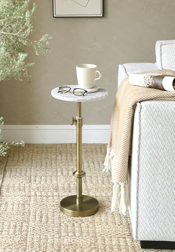 Adjustable-Height Marble Drink Table - 10x10x22-30, White Marble & Antique Brass, Modern Round End Table, Side Table with ...