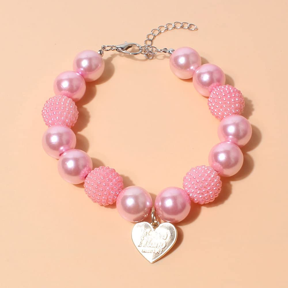 RayMinsino Cute Teddy Dog Pearl Necklace Pink Heart Pendant Pet Collars Dog Clothing Accessories Small and Medium-Sized Dog Collars (9.8-12.6in)