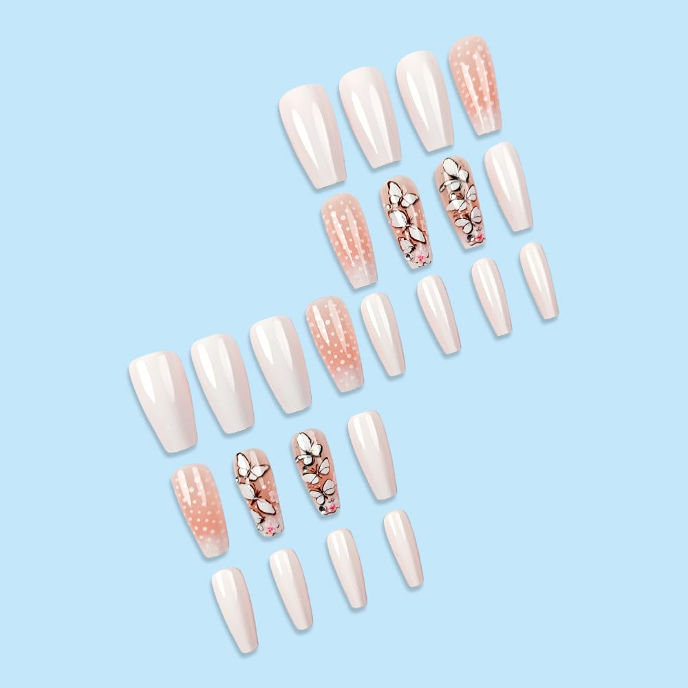MRSCOL Long Press on Nails,Coffin Press on Nails with White Butterfly Design,Long Reusable 24pcs Nail Kit with Glue