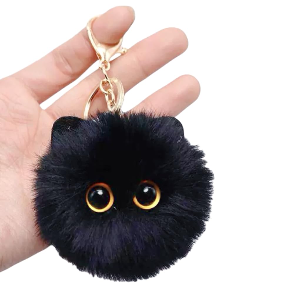 TVRTFQ Cute Cat Head Plush Keychains Black Cat Pom Pom Keychain Creative Animal Car Keychain Mini Cartoon Kawaii Backpack Pendant Birthday Fashion Gift for Women (1, Black)
