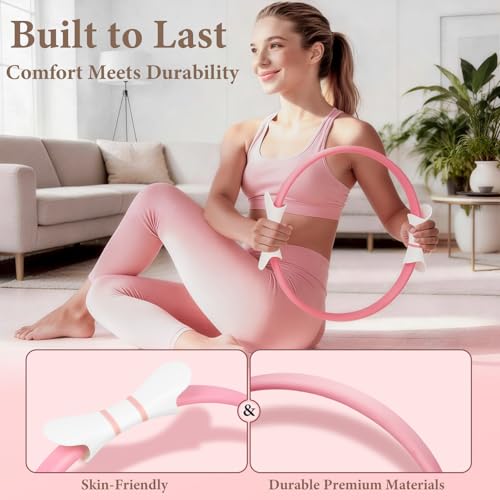 LZCDUDU Pink Pilates Ring Kit with 14.5 inch Magic Circle & Foam Roller, Ergonomic Home Workout Equipment Set, Full Pilate...