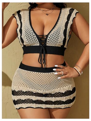 WDIRARA Women's Plus Size Two Piece Swimwear Lace Up V Neck Crop Swim Top and Hollow Out Cover Up Beach Skirt