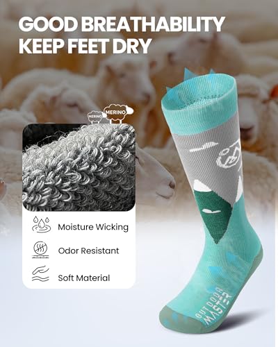 OutdoorMaster Merino Wool Ski Socks for Kids, Boys & Girls, Thermal Winter Warm Snowboarding Socks for Cold Weather