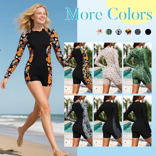 Zando Womens UPF50+ Tummy Control Rash Guard Long Sleeve Swimsuits One Piece with Front Zipper & Boyleg for Surfing Swimming