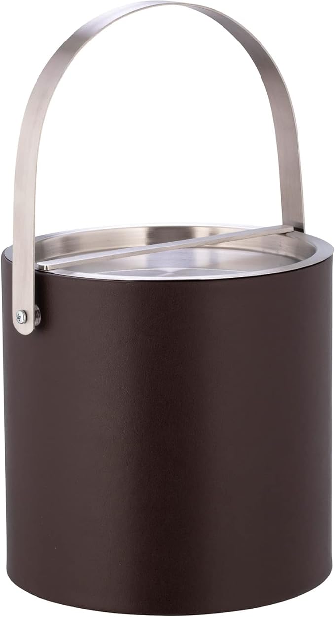 Kraftware 3qt Brushed Chrome Arch Handle & Bridge Cover Sydney 3 Quart Ice Bucket, Small, Chocolate Brown