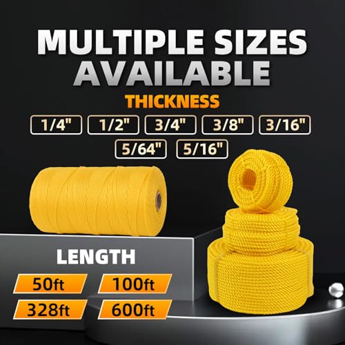 Polypropylene Rope - Bright Yellow, 1/4" x 100ft - All-Purpose Utility Rope for Marine, Outdoor, and DIY
