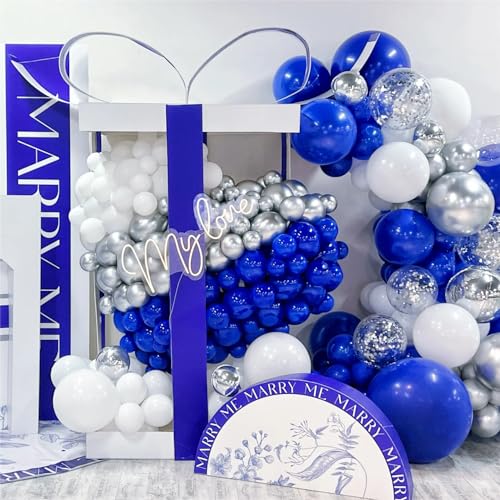 136pcs Blue White Silver Balloon Garland Kit - 18/12/10/5 Inch Royal Blue, Silver Confetti Balloon Arch for New Year, Grad...