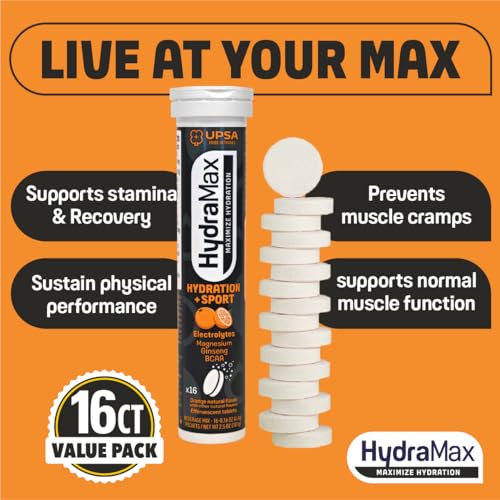 HydraMax Sport Hydration Tablets - Post-Workout Recovery & Muscle Support - 16ct Natural Orange Effervescent - 4 Electroly...