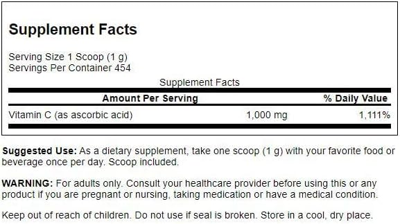 Swanson Vitamin C Powder 100% Pure Ascorbic Acid, Immune System Support, Skin Health, Cardiovascular Health, Antioxidant Supplement 1000 mg (per Serving) 1 lb. 454 g (3 Pack)
