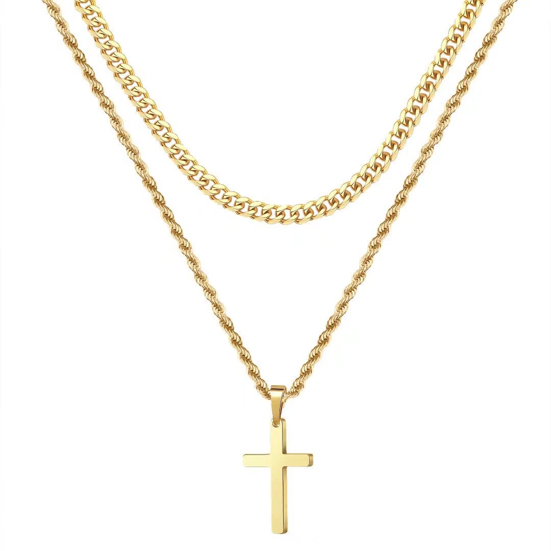 Ursteel Gold Cross Necklace for Men, 18K Gold Stainless Steel Cross Chain Layered Rope Necklace 16-18 Inch Fathers Day Cross Gif