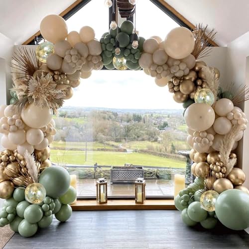 Sage Green White Sand Balloon Arch Kit, Green Beige Gold Metallic Balloons Garland Kit with Gold Confetti Balloons for Bir...