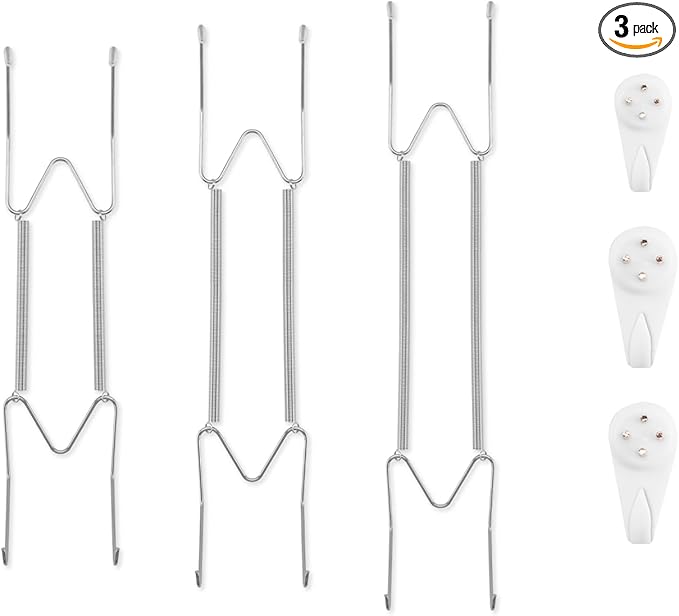 Bilillo 3-Piece Stainless Steel Wall Plate Hangers, 10/12/14 Inch Invisible Decorative Wire Plate Holders with 3 Pieces Wall Hooks for 8 to 16 Inch (Silver)