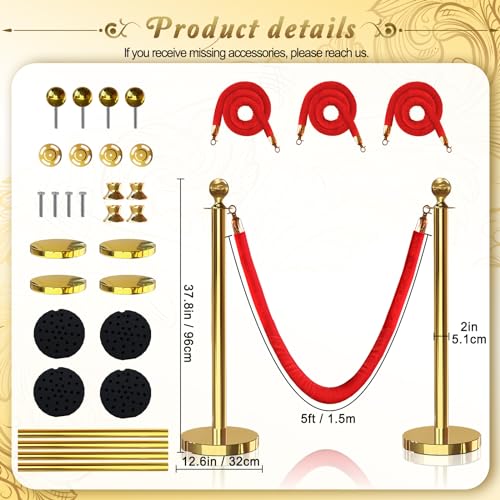 4PCS Gold Stanchions Posts with 3PCS 5 ft Red Velvet Rope, Red Velvet Rope Stanchion Set Crowd Control Barriers, Stanchion...