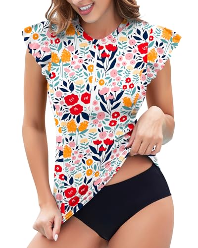 Soneven Women's Swim Shirt UPF 50+ Ruffle Sleeve Rash Guard UV Sun Protection Swimsuit Top Bathing Suit No Bottom