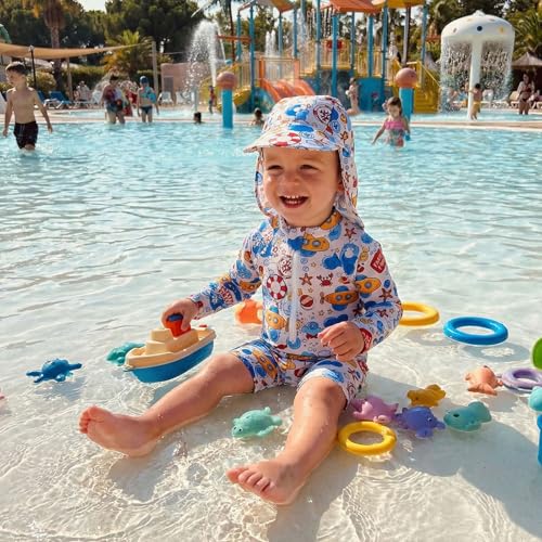Baby Boy Rash Guard Swimsuit Color Block Long Sleeve Zipper One Piece Swimwear Toddler Bathing Suit ＋ Shark Sun Cap