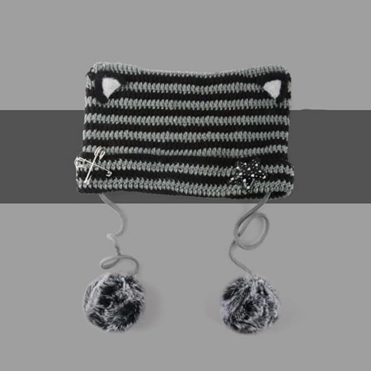 Women Kawaii Cat Ear Beanie Hat with Star Pom Poms Y2K Cute Crochet Goth Grunge Emo Alt Accessories Knit Slouchy Hat (Black Grey)