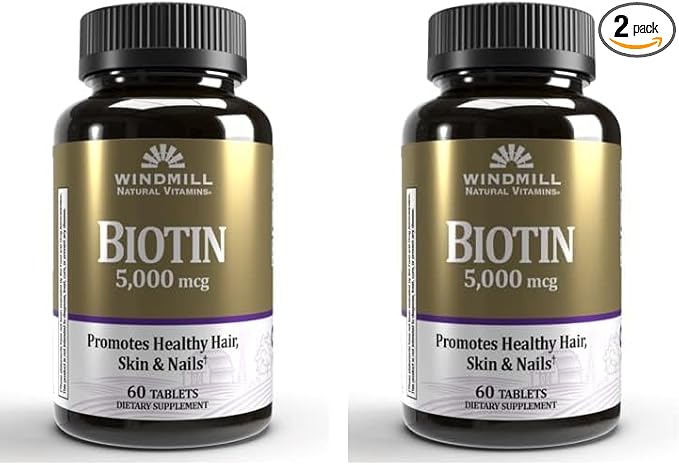 Windmill Natural Vitamins Biotin 5000 mcg, Supports Healthy Hair, Skin & Nails, Metabolism Booster, 60 Count, 60 Servings (Pack of 2)