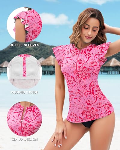 Soneven Women's Swim Shirt UPF 50+ Ruffle Sleeve Rash Guard UV Sun Protection Swimsuit Top Bathing Suit No Bottom